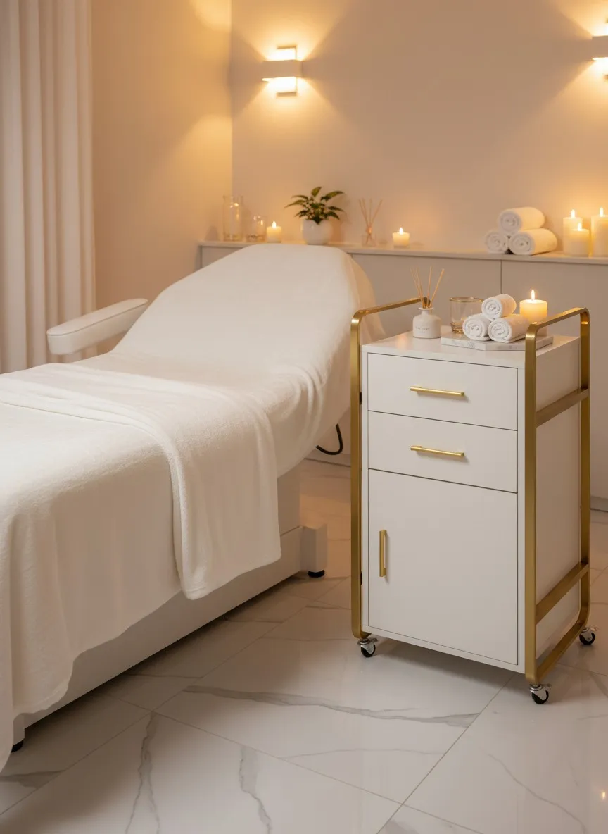 Szafka kosmetologiczna biało-złota – detal uchwytów i szuflad